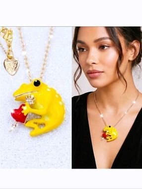 Gold plated yellow red heart bow & arrow crystal frog necklace/brooch